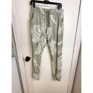 Kaktus Green Tropical Leaf Print Pants – Size M, Stretchy Pull-On #0784